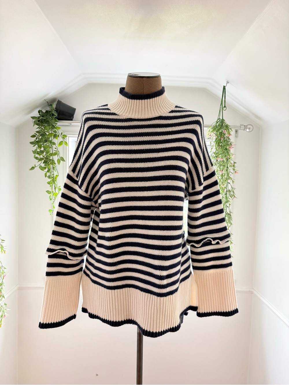 Striped Cream and Navy Ribbed Mockneck Sweater